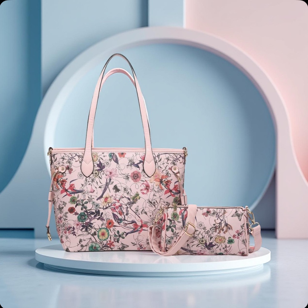 Chic Floral Pink Tote and Crossbody Bag Set